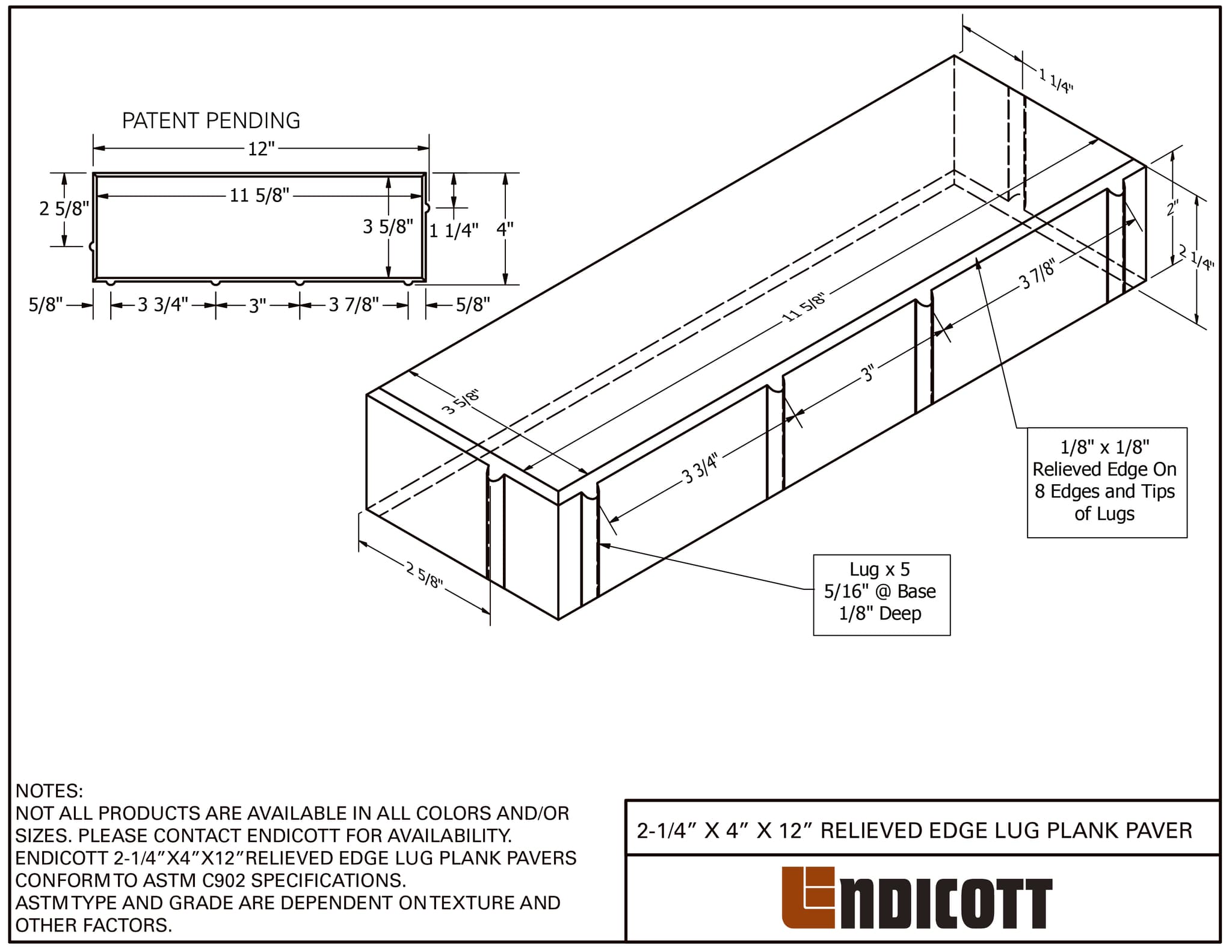 2-1/4" X 4" X 12" Relieved Edge Lugged Plank