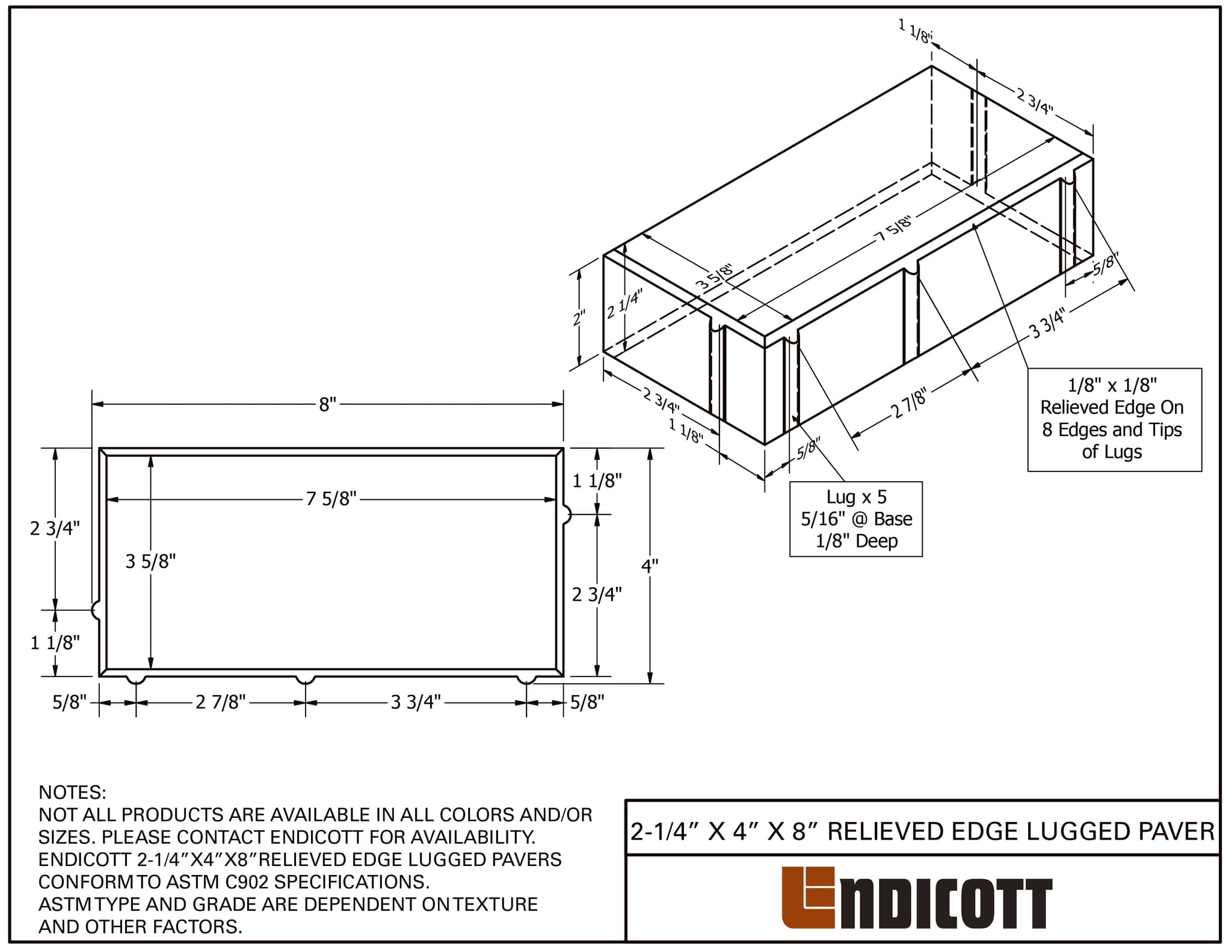 2-1/4" X 4" X 8" Relieved Edge Lugged